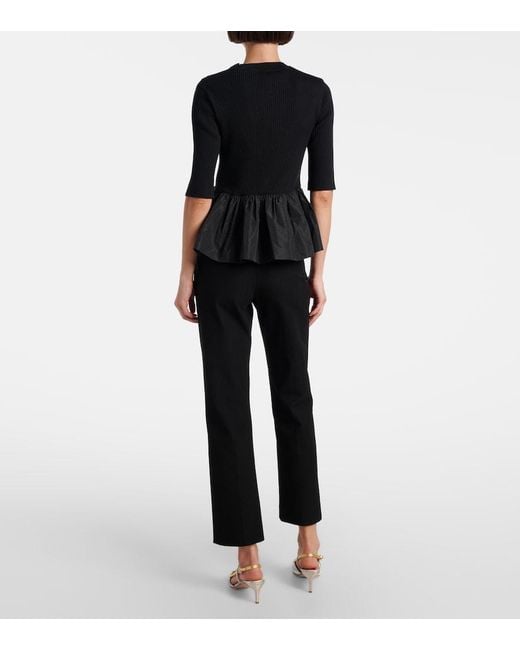 Patou Black Ribbed-Knit Peplum Wool Top