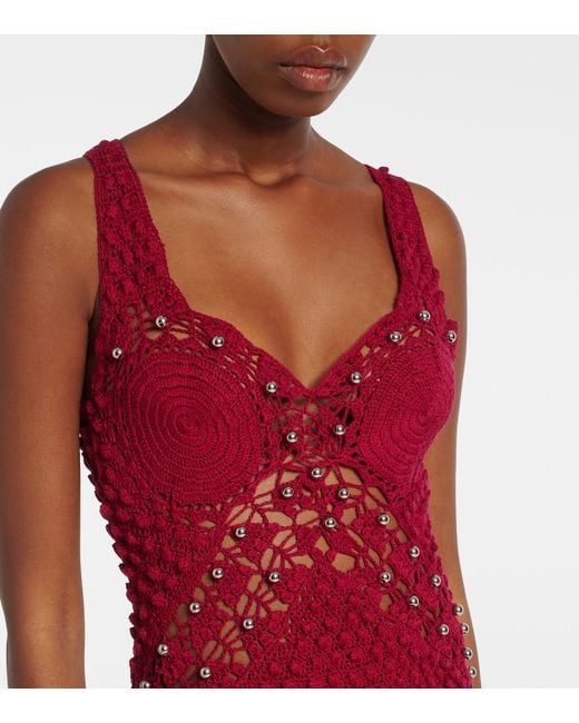 Rabanne Red Embellished Crochet Cotton Midi Dress