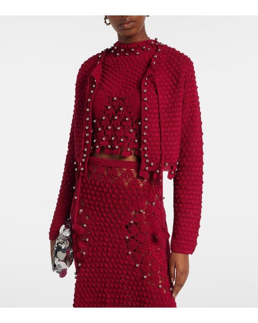 Rabanne Red Studded Crochet Cotton Cardigan