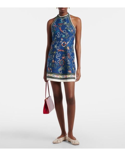 ALÉMAIS Blue Cove Printed Halterneck Linen Minidress
