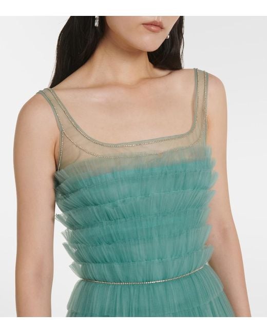 Costarellos Green Kali Embellished Tulle-Trimmed Plisse Gown