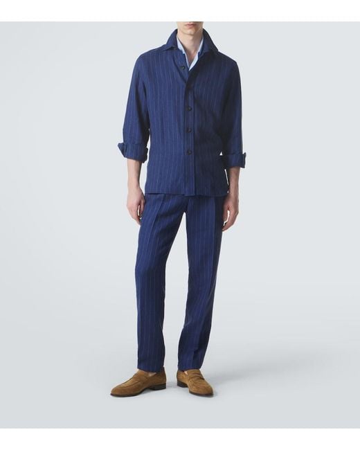 Rubinacci Blue Pinstripe Wool And Linen Straight Pants for men