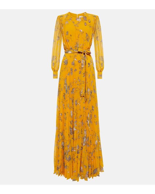 Erdem Yellow Belted Pleated Floral-print Voile Gown