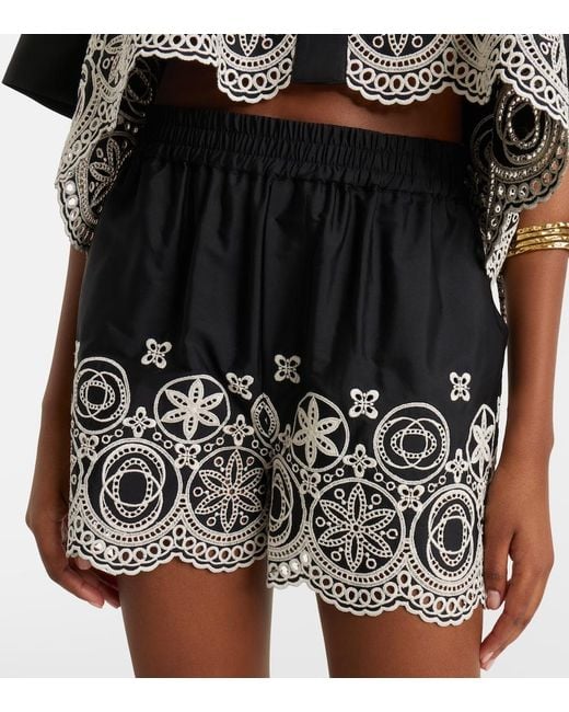 LaDoubleJ Black Pull-Up Embroidered Cotton Shorts