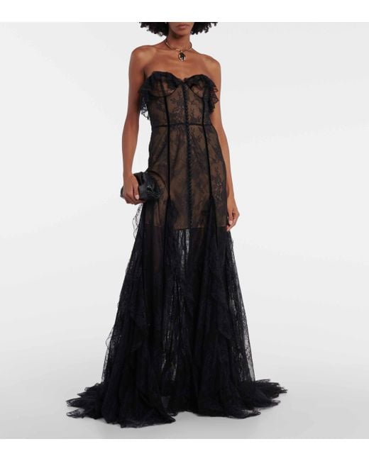 Costarellos Black Rosaline Strapless Velvet-trimmed Ruffled Lace Gown