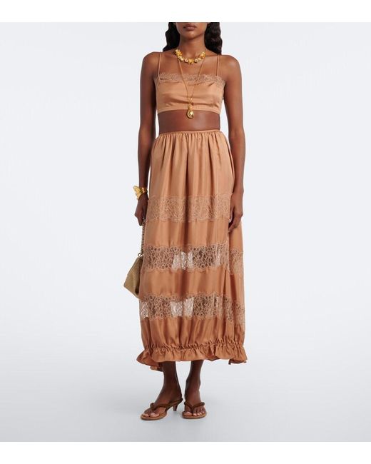 Ulla Johnson Brown Chantal Lace-Trimmed Silk Maxi Skirt