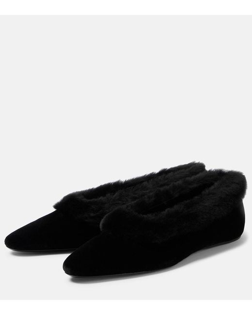 Totême Black Shearling-Edge Flannel Ballet Flats