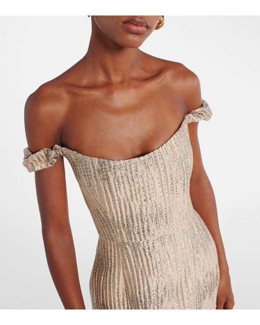 Markarian Natural Yolanda Off-Shoulder Brocade Gown