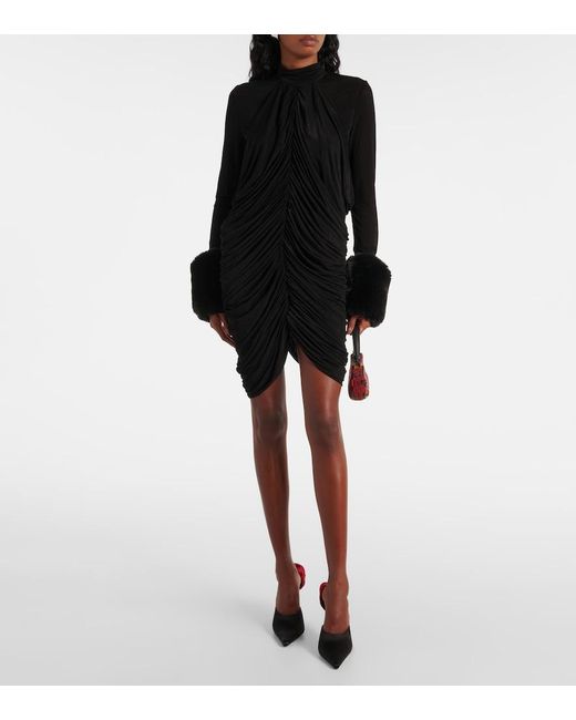 Magda Butrym Black Mesh Faux Fur-Trimmed Mini Dress