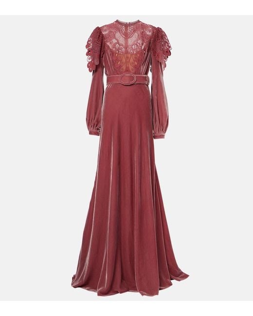 Costarellos Red Ashley Lace-Trimmed Velvet Gown