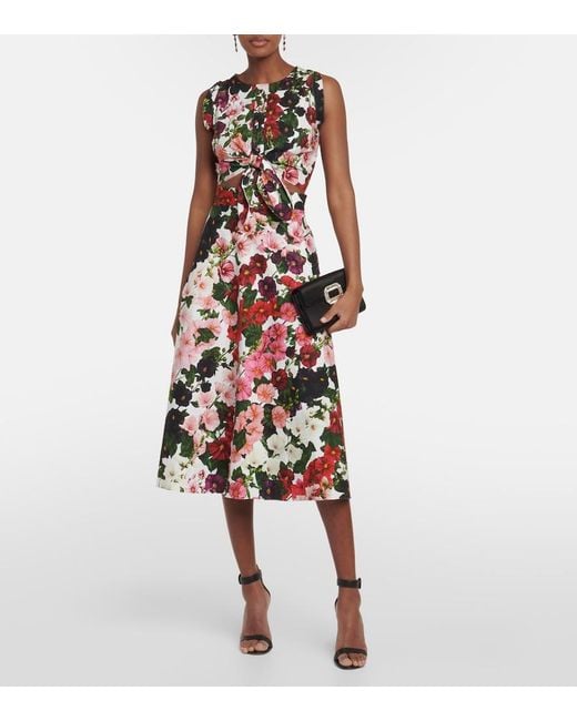 Oscar de la Renta Red Floral Cotton-Blend Midi Dress