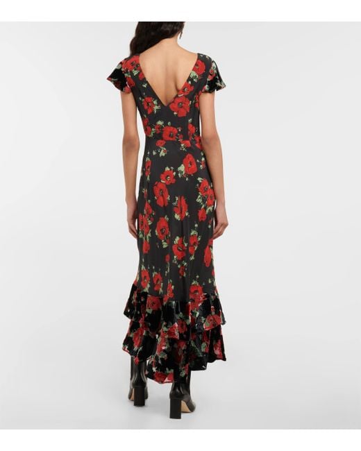 Rixo Red Liberty Floral Silk Midi Dress