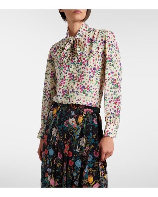 Gucci White Floral Tie-Neck Silk Shirt