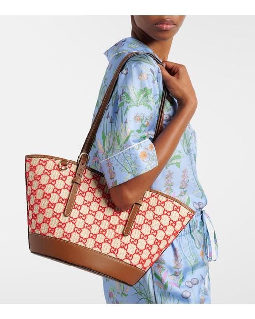 Gucci Red Gg Small Raffia-Effect Tote Bag
