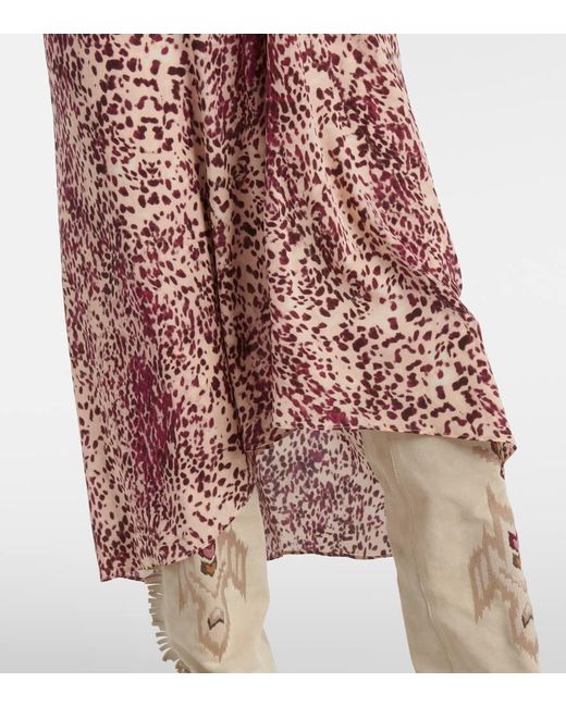 Isabel Marant Purple Deep V-Neck Midi Dress With Puffed Sleeves And Abstract Print