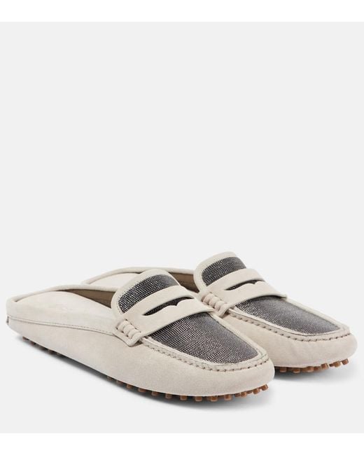 Brunello Cucinelli White Monili Suede Driving Mules