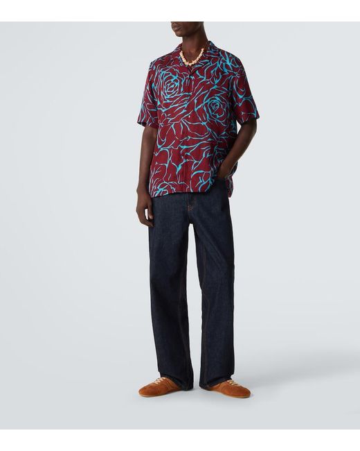 Dries Van Noten Blue Printed Bowling Shirt for men
