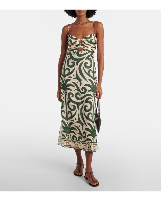 Johanna Ortiz Green Printed Linen Midi Dress