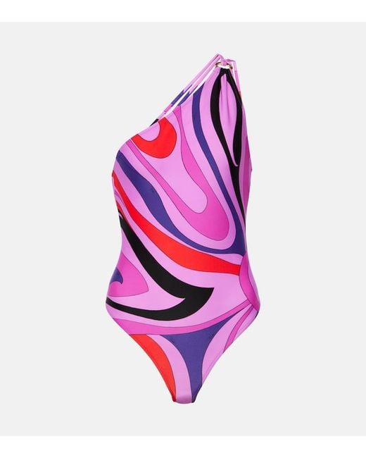Emilio Pucci Pink Pucci Marmo Print One-shoulder Swimsuit