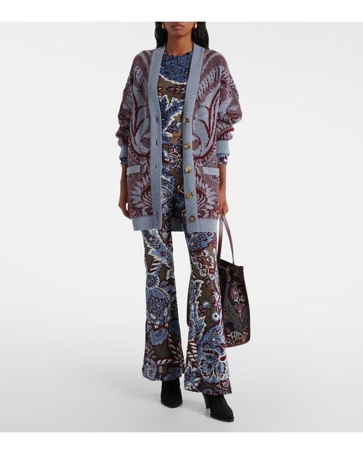 Etro Blue Floral Velvet Jacquard Flared Pants
