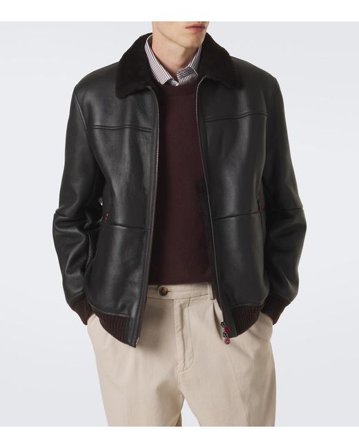 Kiton Black Shearling-Trimmed Leather Bomber Jacket for men