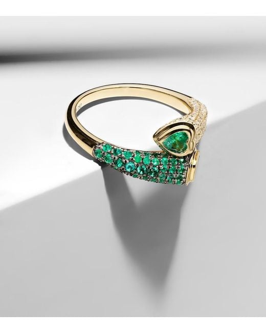 SHAY White Mixed Bypass 18Kt Ring With Emeralds And Diamonds