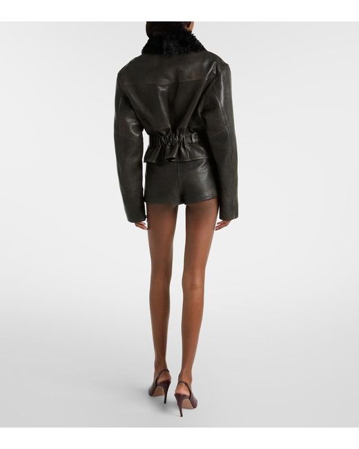 Alex Perry Black Shearling-Trimmed Cropped Leather Biker Jacket