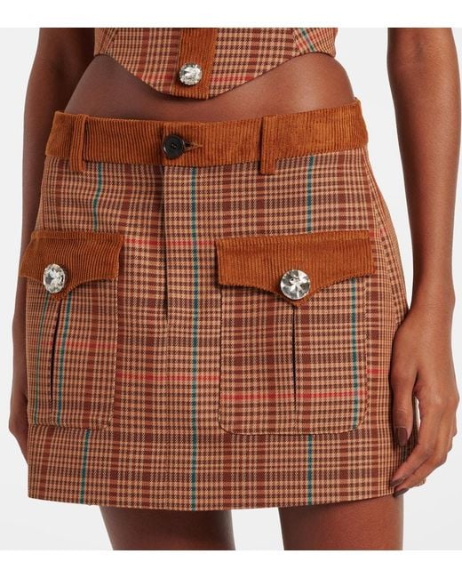 Area Brown Checked Wool-Blend Miniskirt