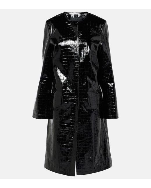 Totême Black Croc-Effect Embossed Leather Coat