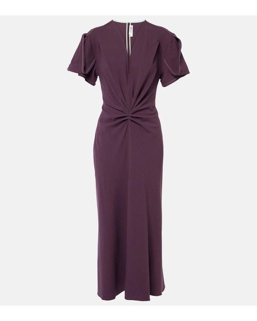Victoria Beckham Purple Wool-Blend Gathered-Waist Midi Dress