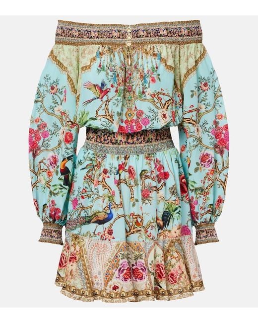 Camilla Blue Embellished Off-Shoulder Silk Crepe Minidress