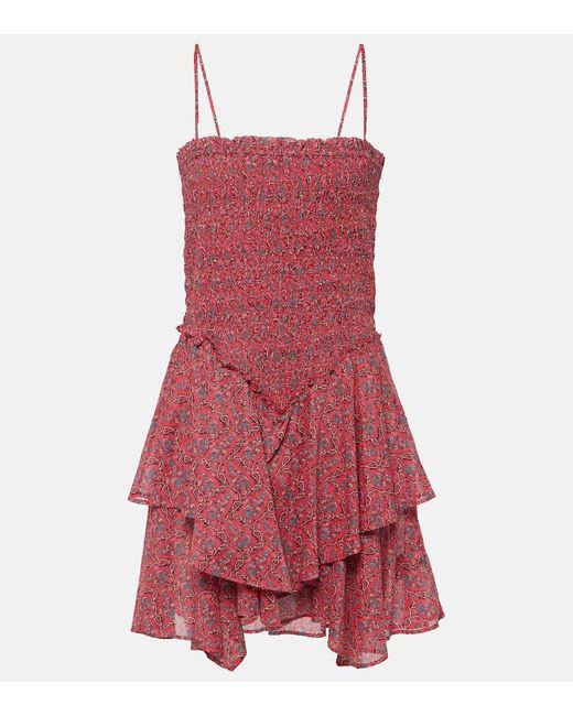 Isabel Marant Red Ankage Smocked Ruffled Cotton Minidress