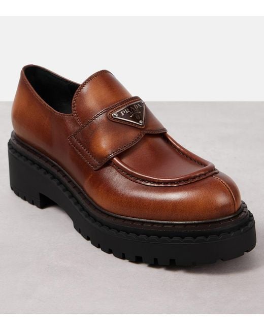 Prada Brown Logo Leather Platform Loafers