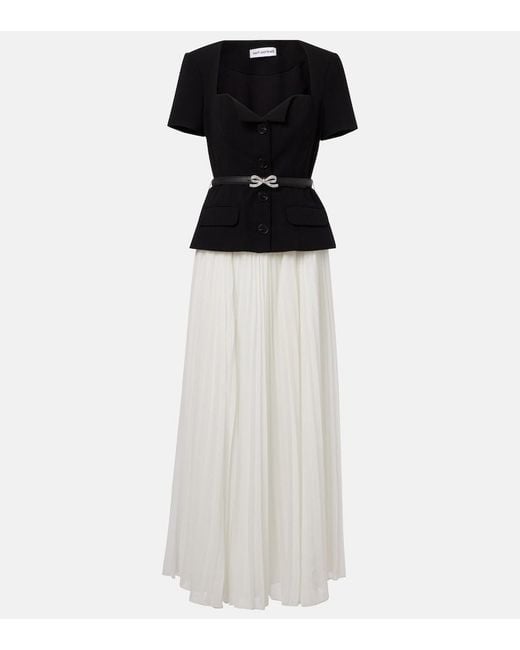 Self-Portrait White Belted Pleated Chiffon Maxi Dress