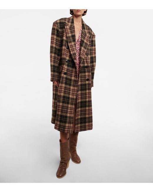 Womens Clothing Coats Long coats and winter coats Isabel Marant Wool Check Double-breasted Coat in Brown 