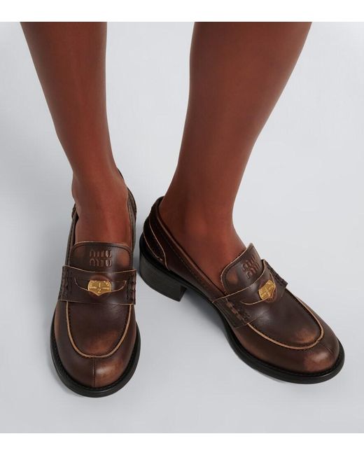 Miu Miu Brown Deco Leather Loafer Pumps