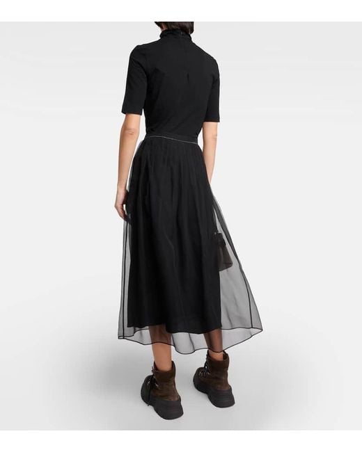 Brunello Cucinelli Black Embellished Pleated Silk Midi Skirt