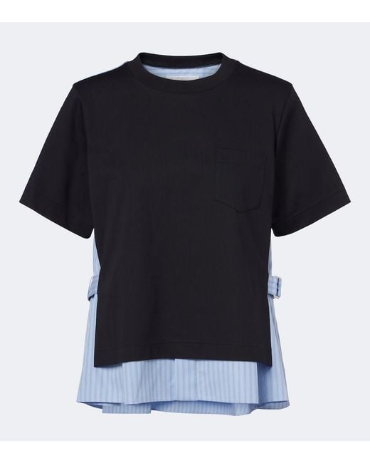 Sacai Black Layered Cotton Jersey And Poplin Top