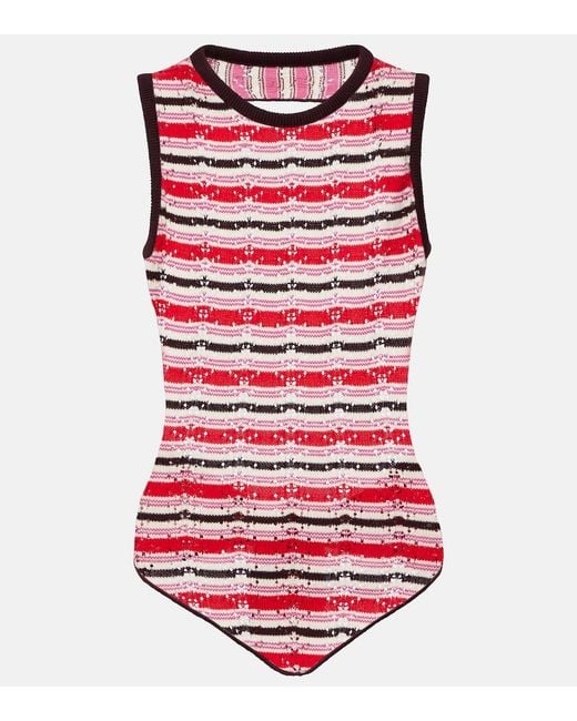 The Attico Red Striped Crochet Cotton Top