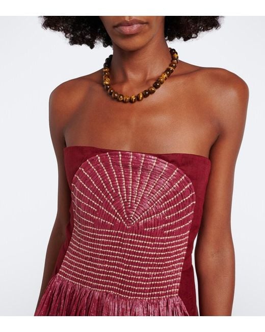 Johanna Ortiz Red Exploring Textures Linen Maxi Dress