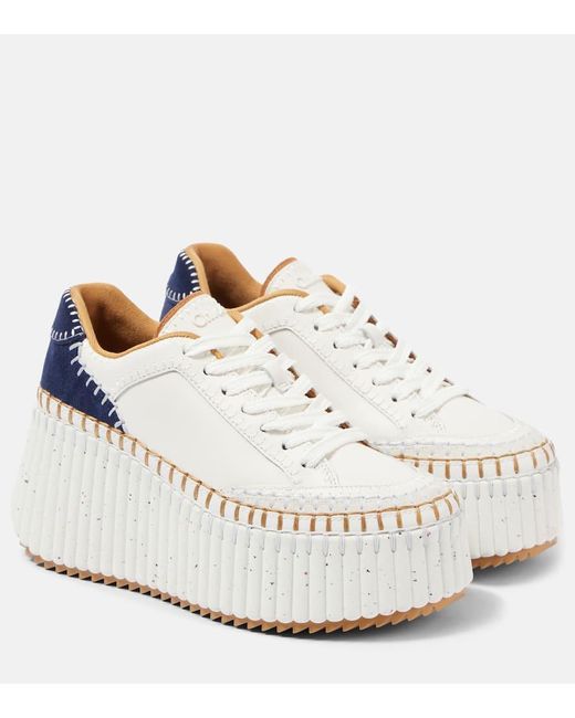 Chloé White Nama Suede-Trimmed Leather Platform Sneakers