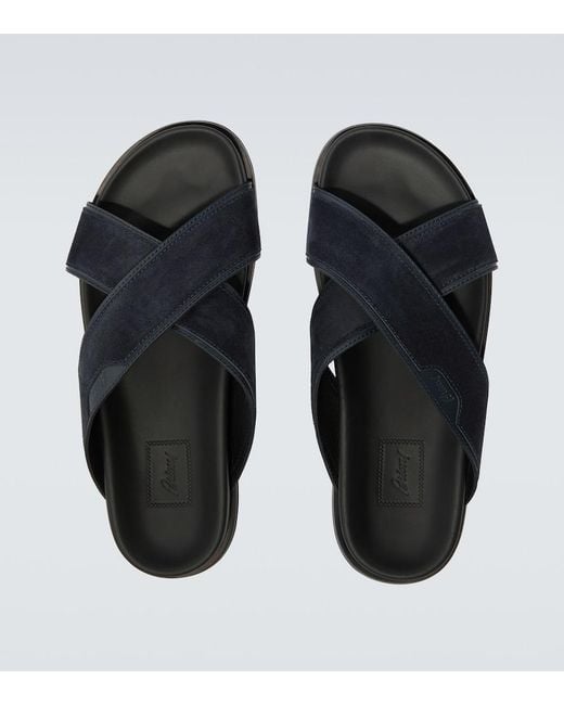 Brioni Blue Leather-Trimmed Suede Sandals for men