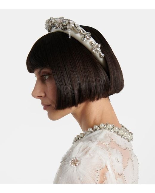 Self-Portrait White Embellished Satin Headband