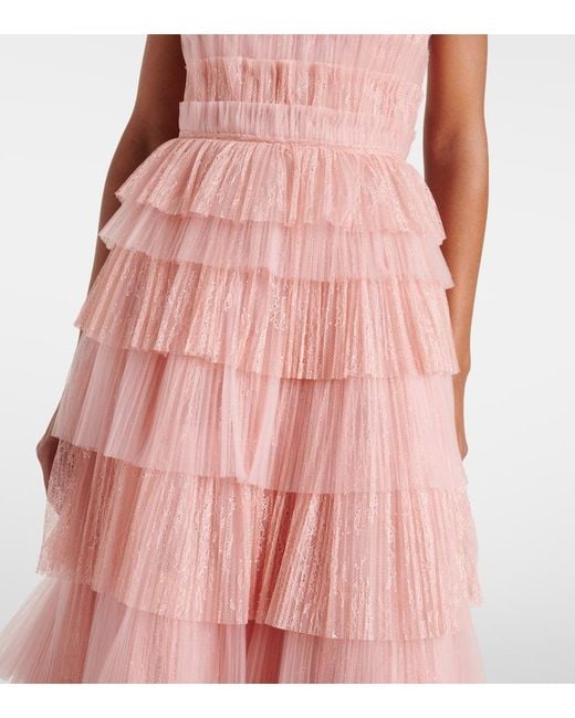 Costarellos Pink Trissa Plisse Tiered Tulle And Lace Gown