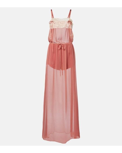 Saint Laurent Pink Lace-Trimmed Silk Crepe Muslin Maxi Dress