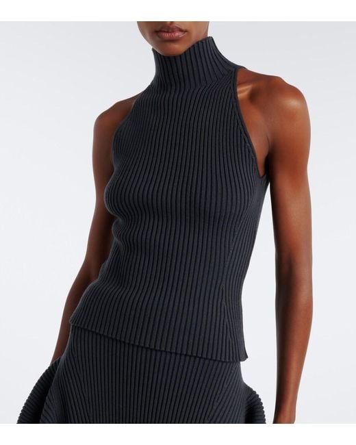 Alaïa Blue Ribbed-Knit Wool-Blend Turtleneck Top