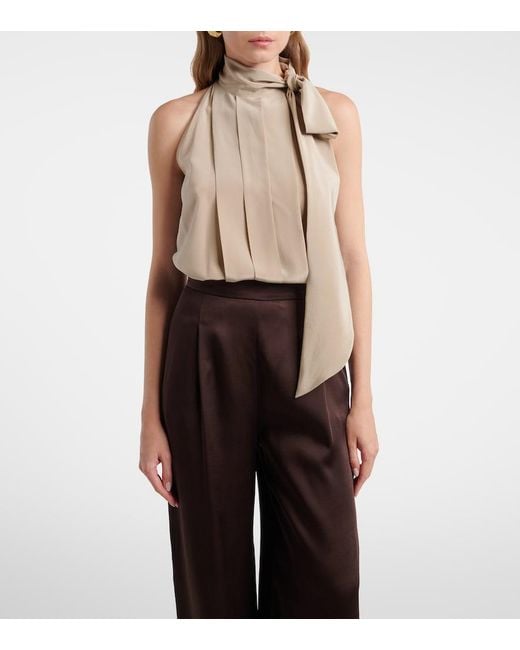Max Mara Natural Pleated Tie-Neck Silk Crepe De Chine Top