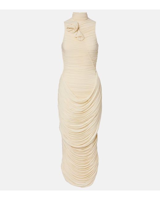Magda Butrym Natural Floral-Applique Draped Ruched Gown