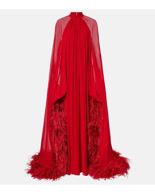 ‎Taller Marmo Red Eterea Feather-Trimmed Silk Crepe Gown