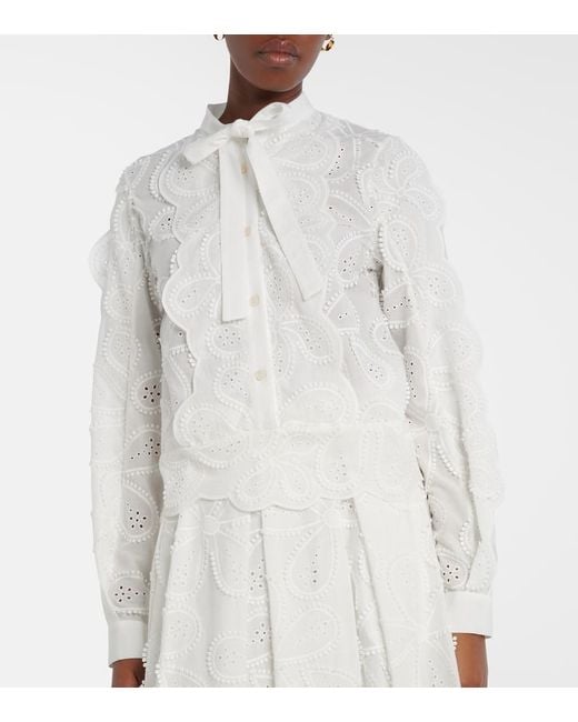 Elie Saab White Embroidered Tie-Neck Blouse